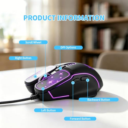 Wired Gaming Mouse, Lightweight USB Optical Computer Mice with 7 Buttons, 4 Adjustable DPI (1200-7200), Ergonomic Shape for Computers and Laptops, Black - color: Black