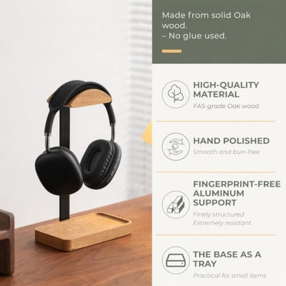 muso wood Oak Headphone Stand, Wood Headset Stand with Storage Base, Headphones Holder for Gaming, Office, and Home Desk - Compatible with AirPods Max, Bose, Razer (Oak Wood) - color: Oak wood