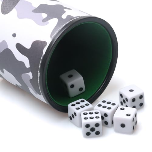PU Leather Dice Cup Set, Felt Lined Camouflage Dice Shaker with 6 Dice for Liars Farkle Yahtzee Game - color: Camo Grey