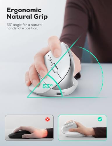 Nulea MD280 Ergonomic Vertical Wireless Mouse - Bluetooth & 2.4G Dual Mode, 4 Adjustable DPI 800/1200/1600/2400, Rechargeable, Silent Clicks, No Lag, 6 Buttons - Perfect for Laptop, Desktop White - color: White