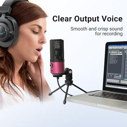 FIFINE USB Microphone, Condenser Podcast Mic with Volume Knob Control, Metal Tripod Stand, USB Cable for Recording, Online Meeting, Streaming, Video Conferencing, PC Desk Microphone-K669 Rose Red | PC Desk Microphone with Volume Knob Control, Metal Tripod