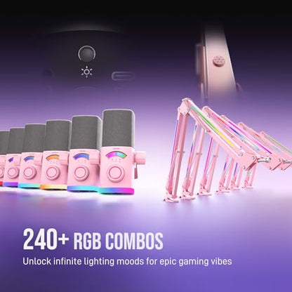 FIFINE AM8PROTP XLR/USB Gaming Microphone Kit, Dynamic RGB Streaming Mic | Podcast Mic Set with Boom Arm Stand, Compatible with PC/PS4/PS5/Mixer, with Headphone Jack, Volume Knob, Mute, Pink - color: Pink