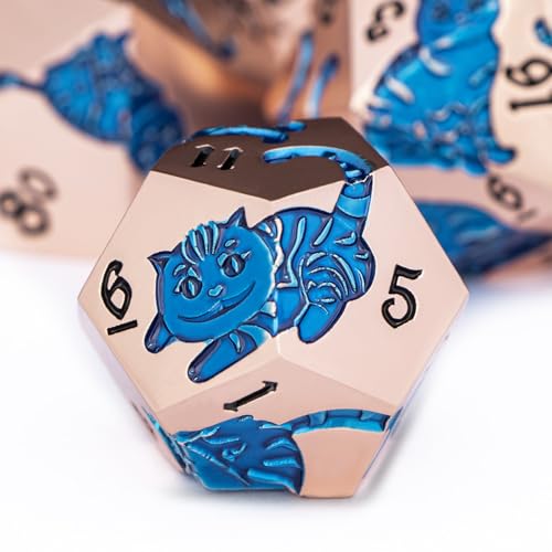 Metal DND Cat Dice 7PCS Polyhedral RPG Dice Set with Gift Case for Dungeons Dragons Role Playing Game, D and D Dice D6 D8 D10 D12 D20 D% (Copper Blue) - color: Cat-copper Blue