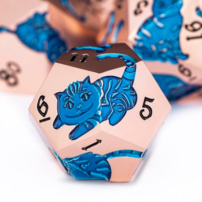 Metal DND Cat Dice 7PCS Polyhedral RPG Dice Set with Gift Case for Dungeons Dragons Role Playing Game, D and D Dice D6 D8 D10 D12 D20 D% (Copper Blue) - color: Cat-copper Blue