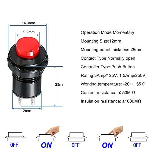 Gebildet 24pcs 12mm Momentary Push Button SPST ON/Off AC 250V/1.5A 125V/3A, Lockless Mini Round Button for Car Trumpet, PC, Table Lamp, Home Doorbell - style: E317