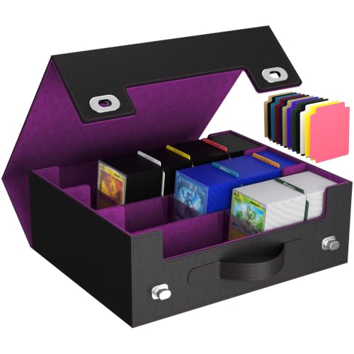 Lifewit Trading Card Storage Box with Handle, Holds Up to 1800 Sleeved Cards with 12 Adujstable Dividers & 4 Stoppers, Aluminum Closure PU Leather Case for MTG, PTCG, YGO, Sports Cards, Black& Purple - color: Black&Purple