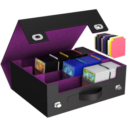 Lifewit Trading Card Storage Box with Handle, Holds Up to 1800 Sleeved Cards with 12 Adujstable Dividers & 4 Stoppers, Aluminum Closure PU Leather Case for MTG, PTCG, YGO, Sports Cards, Black& Purple - color: Black&Purple