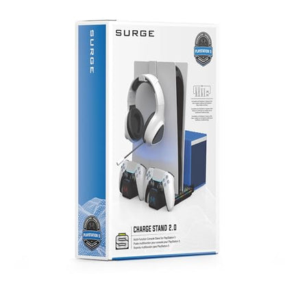 Surge Multi-Function Charging Stand for PlayStation 5, PS5 Slim, Digital and Disc Version with Cooling Fans, 2 Charge Docks for DualSense & DualSense Edge Controllers, Headset Hook, Game Storage