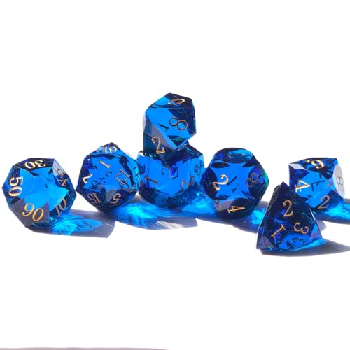 Crystal Multifaceted Polyhedral Dice Set 7 PCS for DND, RPG Tabletop Gaming, Collectors | Tinbox Packing, Gemstone Effect Dice (Sapphire) - color: Sapphire