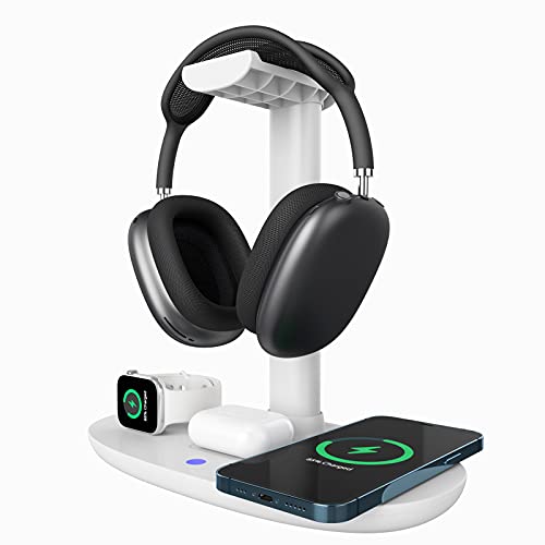 Headphone Stand with 15w Wireless Charger, Suguder 4 in 1 Charging Station Headset Holder for AirPods Max/Pro/4/3/2 iWatch 10/9/8/7/6/5/4/3/2/1/SE iPhone 17/16/15/14/13/12/11/X for Desktop Table Game | 4 in 1 15w Charging Station Headset Holder for AirPod
