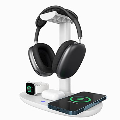 Headphone Stand with 15w Wireless Charger, Suguder 4 in 1 Charging Station Headset Holder for AirPods Max/Pro/4/3/2 iWatch 10/9/8/7/6/5/4/3/2/1/SE iPhone 17/16/15/14/13/12/11/X for Desktop Table Game | 4 in 1 15w Charging Station Headset Holder for AirPod