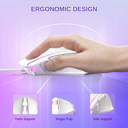 Redragon Gaming Mouse, Wired White Mouse with RGB Backlit, 8000 DPI Adjustable, PC Gaming Mice with 9 Programmable Macro Buttons & Fire Button, PC Gaming Mouse for Windows/Mac, White - color: white