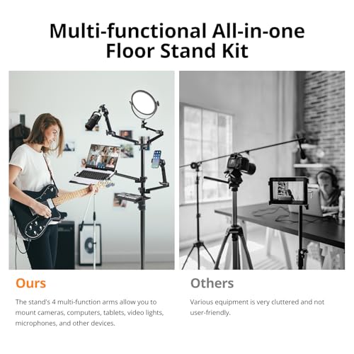 GVM 5-in-1 Movable Live Streaming Floor Stand Kit with Wheels, Overhead Camera Mount with 10" LED Key Light/Mic Boom Arm/Tablet Laptop Phone Stand/Tray for Live Broadcast Podcast Video Recording Game