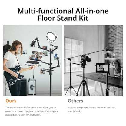 GVM 5-in-1 Movable Live Streaming Floor Stand Kit with Wheels, Overhead Camera Mount with 10" LED Key Light/Mic Boom Arm/Tablet Laptop Phone Stand/Tray for Live Broadcast Podcast Video Recording Game