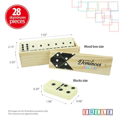 ERLLE - Dominoes Set, Premium Classic 28-Piece Double Six Domino Set with Wooden Case, Family & Kids Board Game, Mexican Train, Chicken Foot, and Classic Domino Games