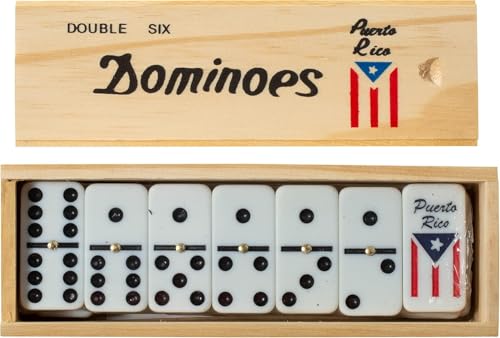 Puerto Rico Flag Dominoes, Double Six Wooden Domino Set with 28 Tiles, Classic Board Game for Kids and Adults, Wood Storage Case