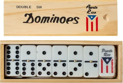 Puerto Rico Flag Dominoes, Double Six Wooden Domino Set with 28 Tiles, Classic Board Game for Kids and Adults, Wood Storage Case