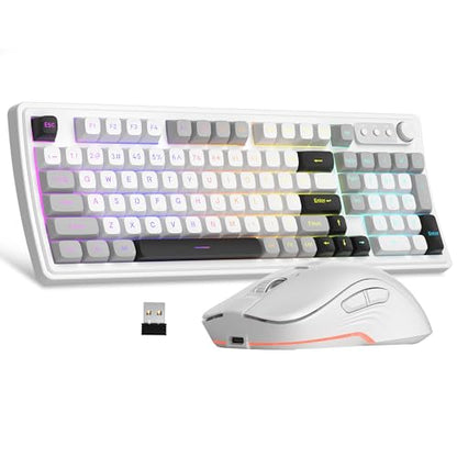 MageGee V990 Creamy Wireless Keyboard and Mouse Combo, 99 Keys RGB Backlit Rechargeable Quiet Gaming Keyboard, Adjustable Optical Mouse, with Number Pad, Keyboards Set for Desktop, Laptop, PC(White) - color: White