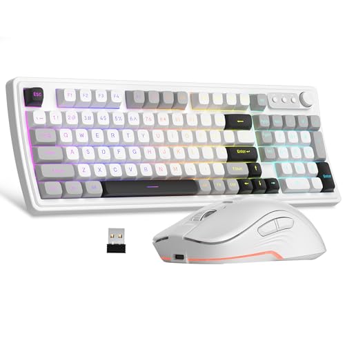 MageGee V990 Creamy Wireless Keyboard and Mouse Combo, 99 Keys RGB Backlit Rechargeable Quiet Gaming Keyboard, Adjustable Optical Mouse, with Number Pad, Keyboards Set for Desktop, Laptop, PC(White) - color: White