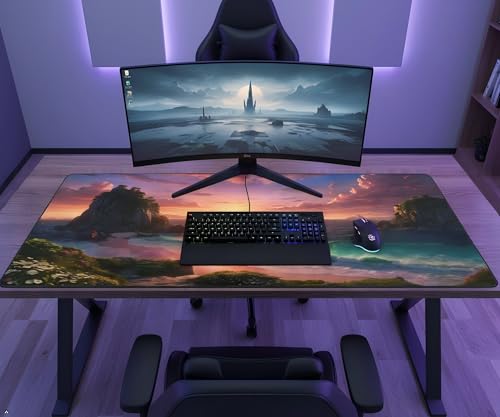 XXL Gaming Mouse Pad 35.4x15.7 inch,Quiet Ocean Sea Landscape Theme Desk Mat,Large Rock Wave Sunset Scene Mousepad (Quiet sea) - color: Quiet sea
