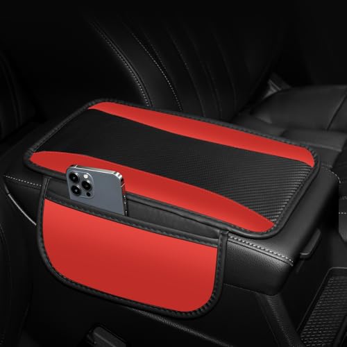 Hiseanllo Car Center Console Cover with Side Storage Pockets, Patchwork Leather Armrest Pad with Carbon Fiber Texture, Non-Slip Auto Armrest Cushion Protector for Most Cars, Vehicles, SUVs (Red) - color: Red