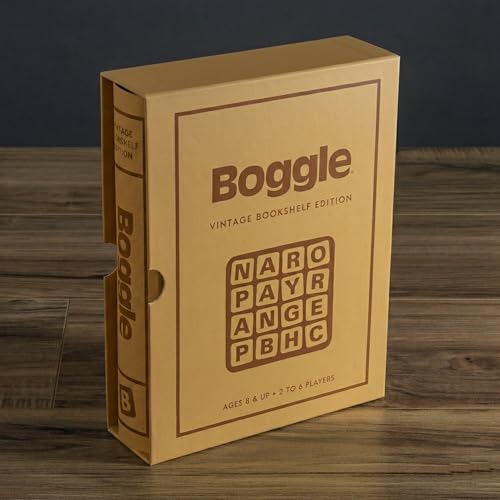 WS Game Company Boggle Vintage Bookshelf Edition Classic Tabletop Word Game | Linen-Wrapped Book Box, Translucent Dome, Sand Timer, Integrated Storage, Retro Design, 2-6 Players, Adults and Kids 8 and Up