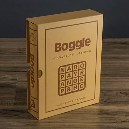 WS Game Company Boggle Vintage Bookshelf Edition Classic Tabletop Word Game | Linen-Wrapped Book Box, Translucent Dome, Sand Timer, Integrated Storage, Retro Design, 2-6 Players, Adults and Kids 8 and Up