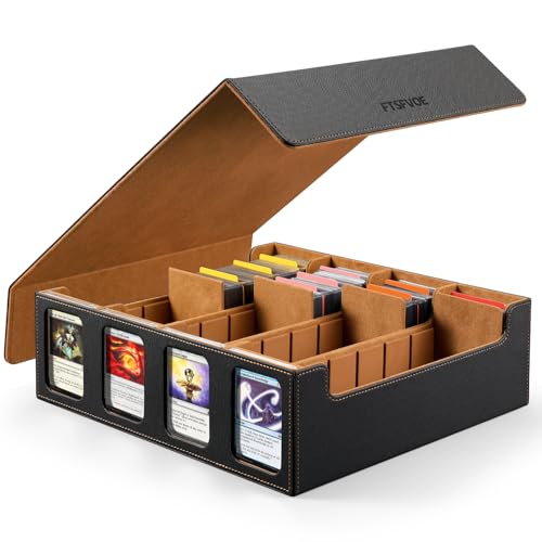3000+ Trading Card Storage Box, 4-Row MTG Deck Box with Windows | PU leather 4-row case with 4 display windows, removable magnetic lid, 24 dividers and 4 card supports for MTG and TCG cards - color: Black&Gold, size: 3000+