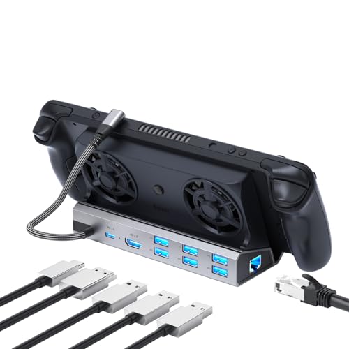 12-in-1 Dual Fan Dock for Steam Deck/OLED/ROG Ally/Ally X/Legion Go/S/2/Switch 1&2/MSI Claw – 4K@60Hz HDMI, Gigabit Ethernet, 100W PD 3.0 Power, Dual 5cm Fans, Type-C Extension Cable+Joystick Caps - color: 12-in-1 Dual Cooling Fan