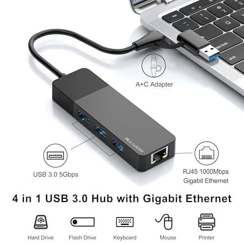 ALL-LUCKY USB to Ethernet Adapter, 4 in 1 USB C to Ethernet Adapter Hub with 3 x USB 3.0 Port/Gigabit Internet Port, High-Speed Network Hub Compatible for iMac,MacBook Pro - size: 1FT -4 in 1 USB A/C to Ethernet Adapte