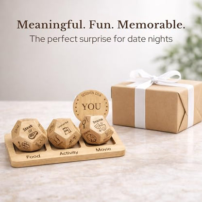 Date Night Dice, 3-in-1 Food, Dinner & Movie Decision Dice Game | Choose meals, movies & activities with every roll; great gift for couples, birthdays, anniversaries & holidays. - style: 3-in-1 Wooden Dice + Holder