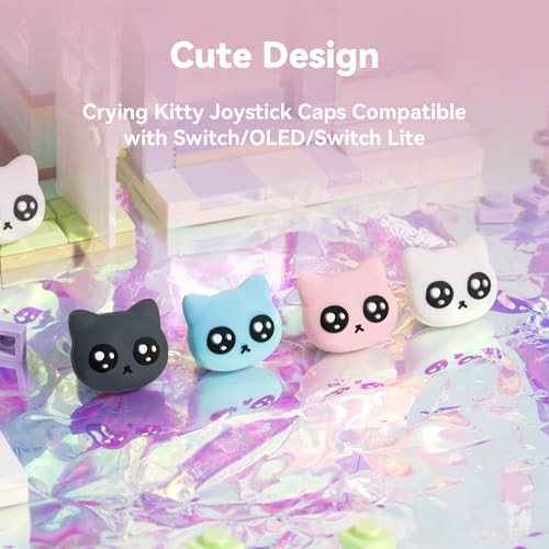 GeekShare 4PCS Cat Shape Silicone Joystick Caps for Switch/OLED/Lite - Tearful Eyes Cat Thumb Grip Caps - color: Pink with black and white accents