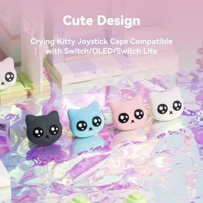 GeekShare 4PCS Cat Shape Silicone Joystick Caps for Switch/OLED/Lite - Tearful Eyes Cat Thumb Grip Caps - color: Pink with black and white accents
