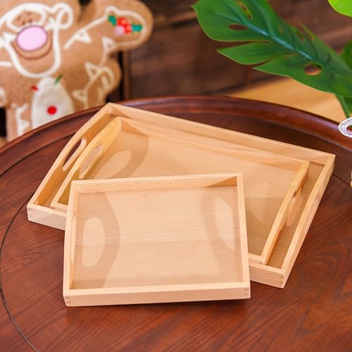 Premium Montessori Wooden Trays Set of 3- Solid Beechwood Wooden Working Trays with Handles for Classroom, Kids Dining & Toy Storage, Toddler Learning Tools, Sensory Bins & Home Organization - color: 3 Individual Wooden Trays
