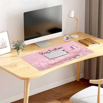 4-in-1 Gaming Mouse Pad Wrist Support Set，Desk Pad + Mouse Pad with Wrist Rest + Keyboard Wrist Rest + Coaster, Ergonomic Design for Home Office Study Game - Pink Stay Positive - color: 4 Pcs Pink Stay Positive