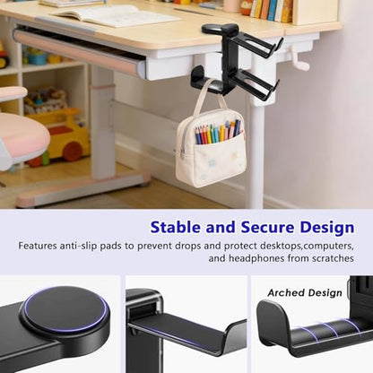 3-in-1 Gaming Headset Stand with Controller Holders Clamp-on Under Desk Rotating Headphone Hanger Adjustable PC Desk Headphone Holder with Cable Organizer - color: black