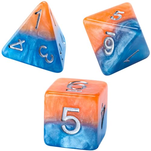 Gate Keeper Games and Dice: Halfsies Dice: Fire & Dice - 7pc Set, Flame Orange & Frost Blue, Pearlescent Swirl, 7 Resin Dice for Role Playing Games - style: Fire & Dice