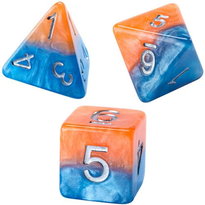 Gate Keeper Games and Dice: Halfsies Dice: Fire & Dice - 7pc Set, Flame Orange & Frost Blue, Pearlescent Swirl, 7 Resin Dice for Role Playing Games - style: Fire & Dice