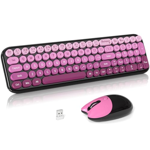 Wireless Keyboard and Mouse Combo, Meidosa 2.4GHz Colorful Full-Size Retro Typewriter Keyboard with Cat Shape 3 Level Adjustable Optical Mouse for PC/Desktop/Laptop/Windows (Black Pink) - color: Compact Black Pink Colorful