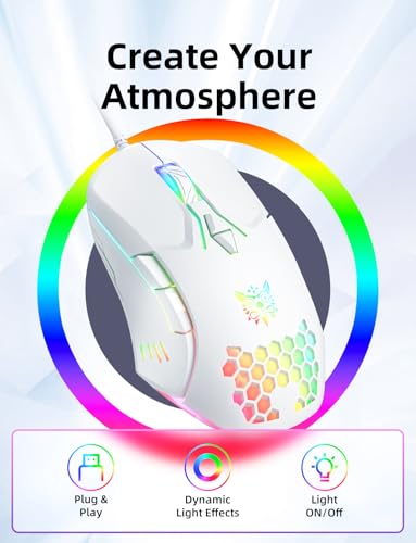 Wired PC Gaming Mouse: High Precision Sensor,RGB Backlit, Adjustable DPI, 7 Buttons Programmable,Ergonomic mice for Office & Gaming on Windows/Mac/Linux/Chrome-White - color: White