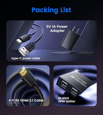 HDMI 2.1 Splitter 1 in 2 Out 8K@60Hz w/ 4ft 8K HDMI Cable, HDCP 2.3 4K@120Hz HDMI Audio Splitter for Soundbar, Support VRR, ALLM, HDR10+, Dolby Vision/Atmos 7.1ch, Down Scaler, 48Gbps for PS5