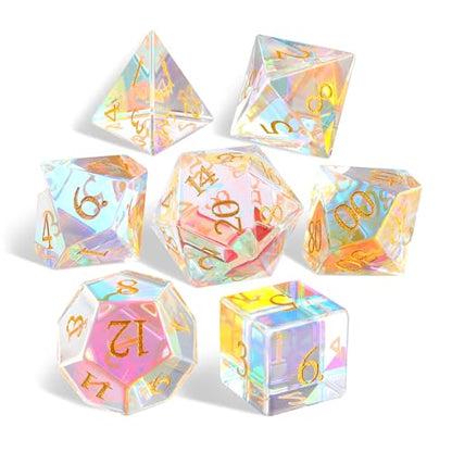 LUCKY-M Polyhedral Prism Glass DND Dice, Dungeons and Dragons Dice Set Unique 7PCS Gemstone Dice D4 D6 D8 D10 D00 D12 D20, RPG D&D Accessories Dice Gift - color: 7.rainbow Mirror