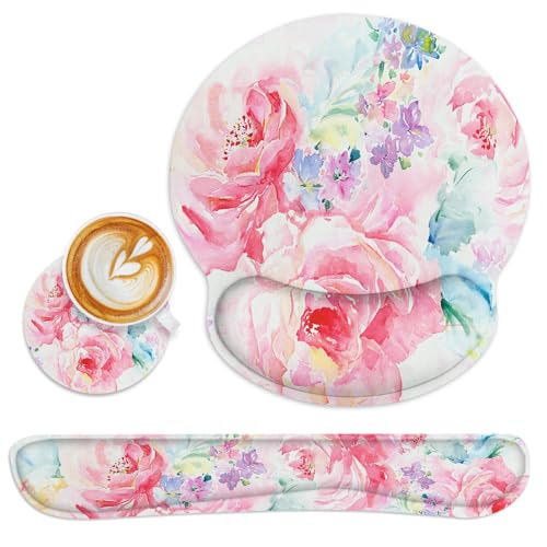 Ergonomic Mouse Pad Set with Wrist Rest, Watercolor Abstract | Flower Painting Non-Slip Rubber Base Wrist Cushion Support and Coasters Mousepad with Wrist Support for Computer Keyboard - color: Flower Watercolor Abstract