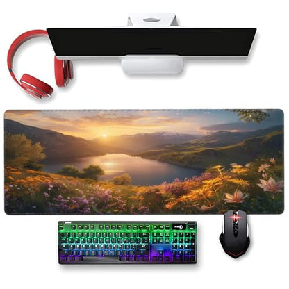 XXL Gaming Mouse Pad 35.4x15.7 inch, Quiet Mountain Lake Landscape Theme Desk Mat,Large Beautiful Flower Scene Mousepad (Alpine Lake) - color: Alpine lake