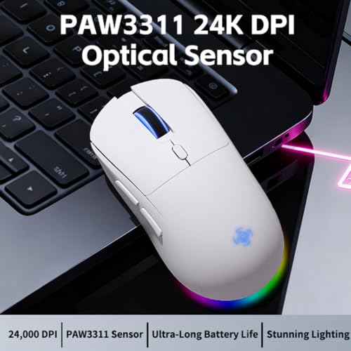 Wireless Gaming Mouse, 2.4G/USB-C/BT Wireless Mouse with 800mAh Battery, Adjustable 24,000 DPI & 1000 Polling Rate, PAW3311 Sensor, RGB Lighting, Programmable Buttons, for Win/Mac