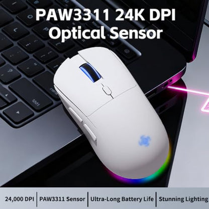 Wireless Gaming Mouse, 2.4G/USB-C/BT Wireless Mouse with 800mAh Battery, Adjustable 24,000 DPI & 1000 Polling Rate, PAW3311 Sensor, RGB Lighting, Programmable Buttons, for Win/Mac