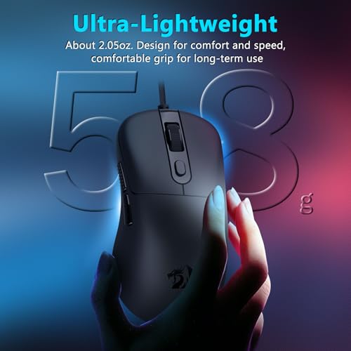 Redragon Wired Gaming Mouse, Lightweight Ergonomic Optical Mouse, 5 Adjustable DPI Up to 24000, 6 Programmable Buttons, Soft Braided Cable for Windows PC Gamers & Laptop - Black