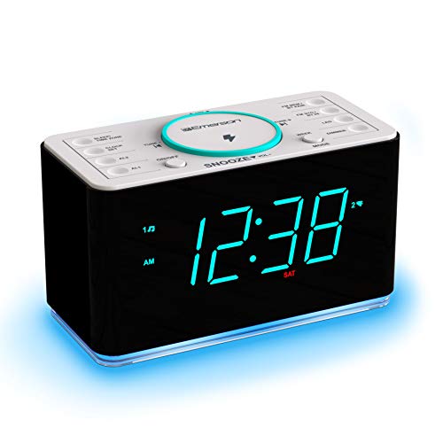Emerson ER100401 Smartset 15Watt Ultra Fast Wireless Charging Dual Alarm Clock Radio with Bluetooth Speaker, USB Charger, Cyan LED Night Light and 1.4" Display - style: ER100401