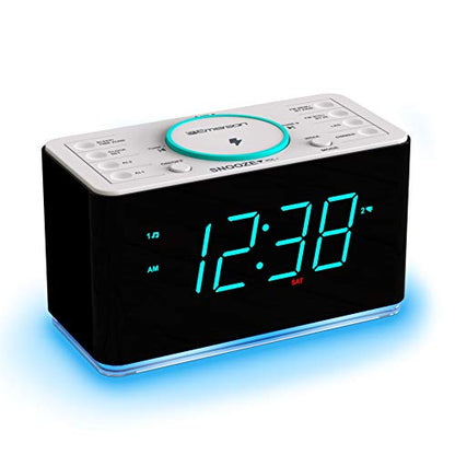 Emerson ER100401 Smartset 15Watt Ultra Fast Wireless Charging Dual Alarm Clock Radio with Bluetooth Speaker, USB Charger, Cyan LED Night Light and 1.4" Display - style: ER100401