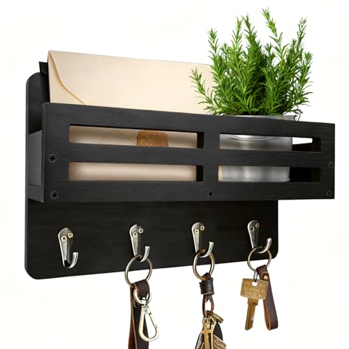 Key Holder Wall Mount, 10 inch Decorative Key and Mail Holder for Wall, with Mail Organizer & 4 Key Hooks, Rustic Wooden Key Rack for Hanging Dog Leash Sunglasses, Entryway Key Hanger, Black - color: Black, size: 10.2IN